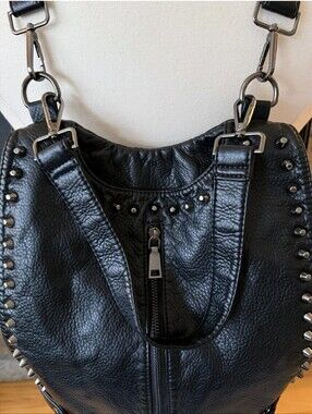 Black Stud Backpack Bag Shoulder Goth Punk Oversized Boho Slouchy Purse Travel